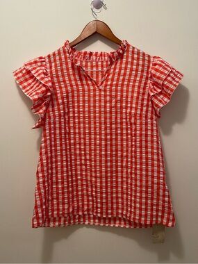 Gingham Ruffle Sleeve Blouse in Red and White